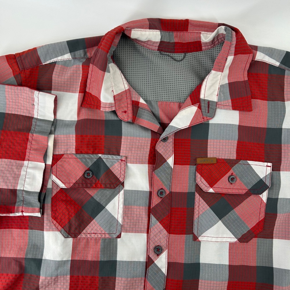 Orvis Button Up Shirt Mens Large Red Grey Plaid Short Sleeve Hiking Outdoor